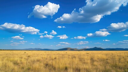 Obraz premium Savannah grasslands stretching toward a distant mountain range under a vivid blue sky with soft clouds, portraying the beauty of nature.