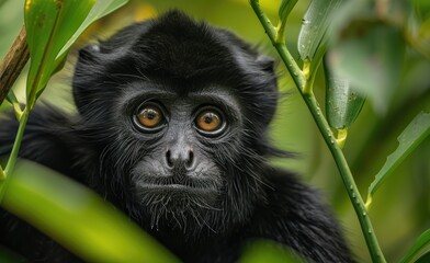 Obraz premium Close-up of a Black Monkey with Intense Eyes in a Green Jungle Environment