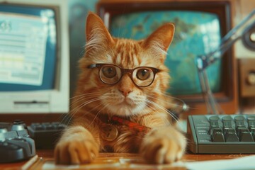 Ginger cat wearing glasses is sitting at a desk with a vintage computer and an old television in the background