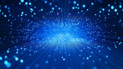 Fototapeta premium Blue glowing fiber optic strands radiating from the center with copy space in the middle, representing data flow and digital communication.