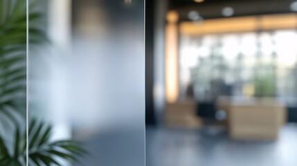 Blurred view of a modern office with frosted glass, plants, and a warm, soft lighting ambiance