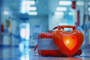 Portable defibrillator standing on the floor in a hospital corridor, ready to provide life saving defibrillation