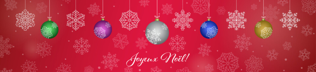 Red Joyeux Noël french Merry Chrismas text card vector with snowflake, baubles. Winter holidays concept card design to use for winter holiday cards, winter banner advertising, holiday greetings. 