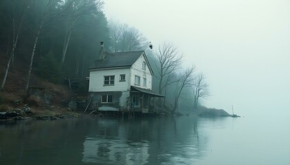 Fototapeta premium Rising sea levels and global warming represented by a house and trees partially submerged in water