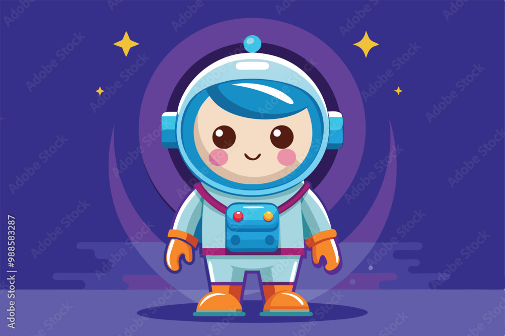 Poster a cute astronaut character smiles in a colorful space setting with sparkling stars and a deep purple