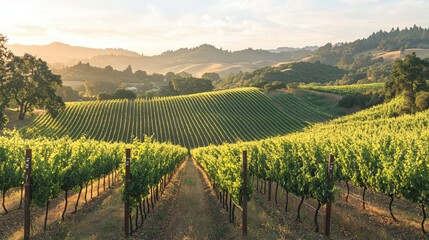 Fototapeta premium A scenic vineyard nestled in a rolling valley, with neat rows of grapevines stretching towards the distant hills under a warm summer sky.