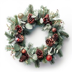 Fototapeta premium A Christmas wreath made with pine cones and red balls.