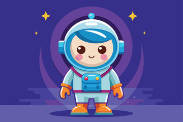 A cute astronaut character smiles in a colorful space setting with sparkling stars and a deep purple backdrop, a cartoon character of a Astronaut