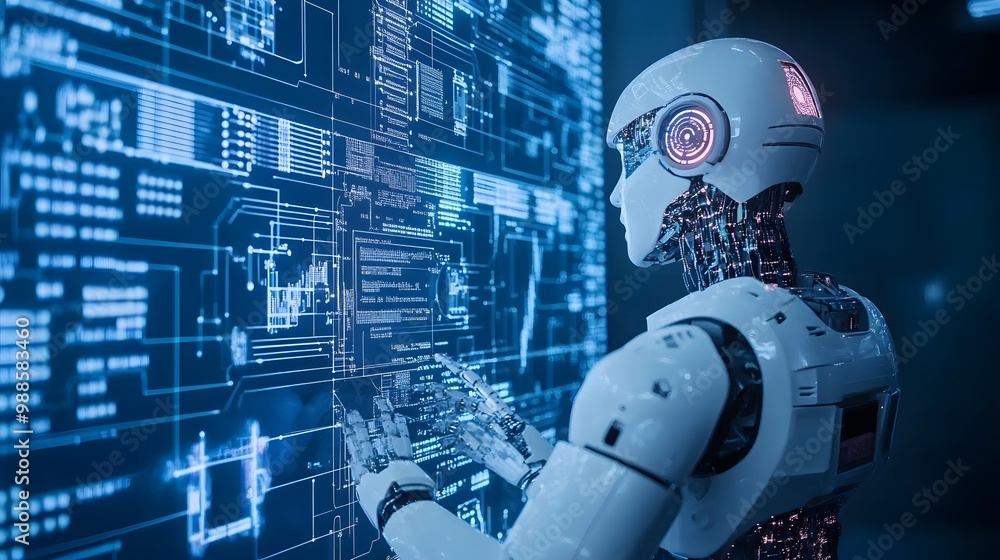Poster a humanoid robot interacting with a digital interface, displaying complex data and code.