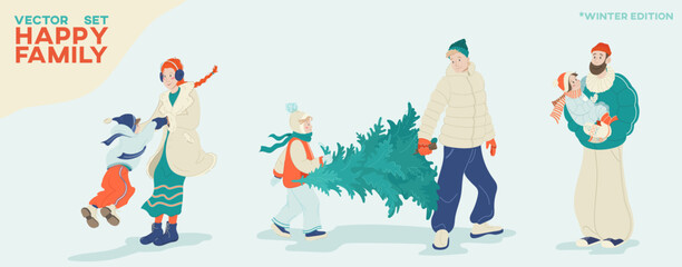 Happy holidays concept family family enjoying winter activities together minimalist flat vector illustration