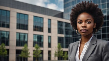 Fototapeta premium Confident businesswoman posing in front of office buildings