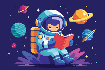 Fototapeta premium An astronaut reads a book in space surrounded by vibrant planets and twinkling stars, a cartoon character of a Astronaut reading a book