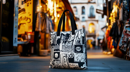 Urban-Inspired Graphic Print Cloth Bag in Black and White
