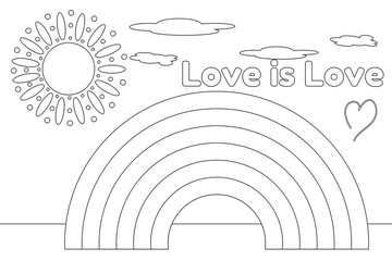 Coloring page featuring a rainbow, sun, and Love is Love message. Perfect for LGBTQ plus themes and self-expression activities.