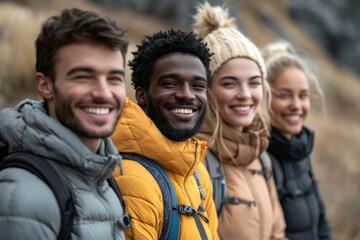 Happy group of friends hiking together, Generative AI