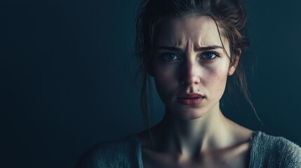 Close-up of a young woman with serious expression, furrowed brows, and intense gaze in moody, dark lighting.
