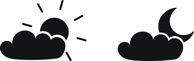 Day and night weather icons. Morning and night. Sun and moon icons with cloudiness. Cloud with sun, cloud with moon. Pair of weather icons on white background. Vector illustration