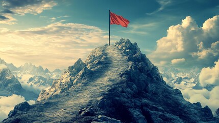 A road leads to a mountaintop with a red flag at sunset.