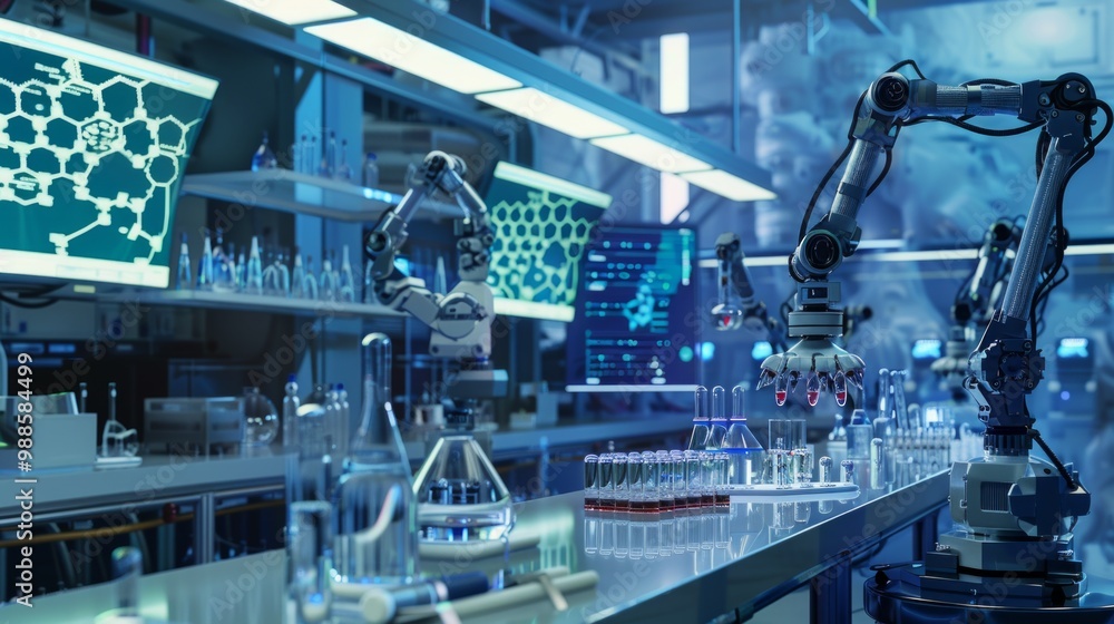 Poster automated robotic arms in a high-tech lab mixing chemicals and managing test tubes with digital moni