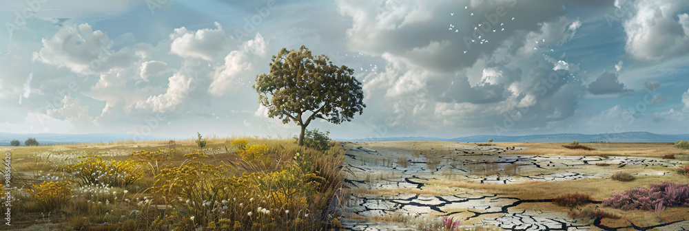 Poster vibrant field with wild grass on one side and a dry and cracked surface on the other and highlightin