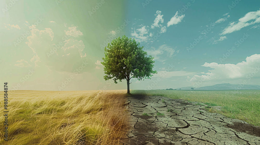 Poster vibrant field with wild grass on one side and a dry and cracked surface on the other and highlightin