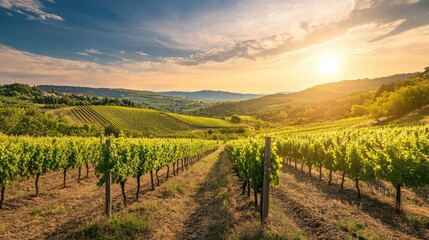 Obraz premium A scenic vineyard nestled in a rolling valley, with neat rows of grapevines stretching towards the distant hills under a warm summer sky.