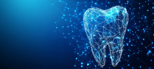 Digital Tooth On A Blue Technology Background, Polygonal Tooth In Lines And Triangles