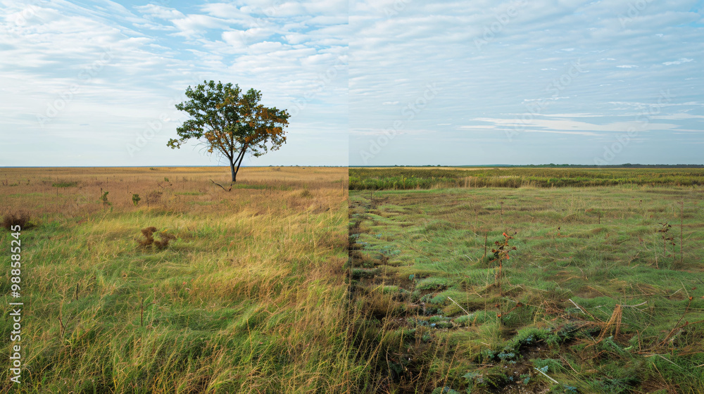 Poster vibrant field with wild grass on one side and a dry and cracked surface on the other and highlightin