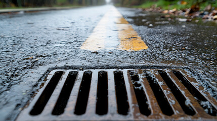 Steel Grate Drainage Pipe Embedded in Wet Pavement
