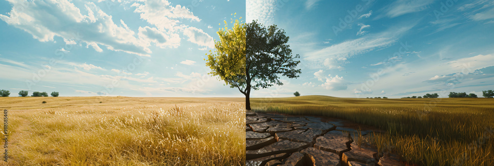 Poster vibrant field with wild grass on one side and a dry and cracked surface on the other and highlightin