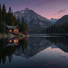 Fototapeta premium A serene mountain lake at twilight, with the sky turning purple and pink, mountains reflecting in the still water, and a cozy cabin with lights on in the distance