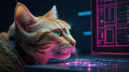 Ginger cat exploring futuristic technology interface