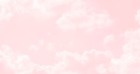 Pink pastel sky white fluffy cloud. Valentine, Love, Romance, Sweet cloudscape sky background. Beautiful morning sky with sunlight.