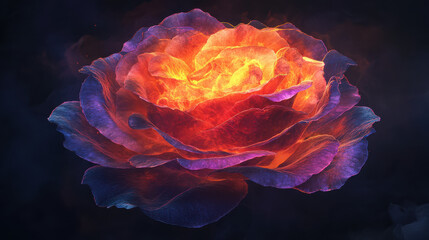 Fototapeta premium A burning rose, its petals made of flames, with vibrant orange and purple hues. The rose is in full bloom, standing out