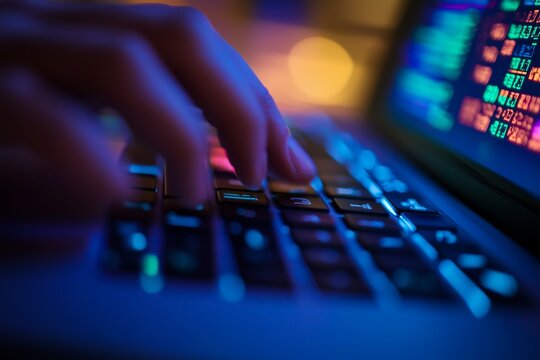 Close-up of a person typing on a laptop keyboard with colorful code displayed on the screen at night