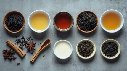 Thai tea ingredients, including black tea leaves, condensed milk, and spices, arranged neatly on a table ready for brewing.