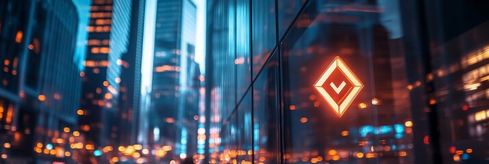 Startup logo prominently displayed on a building, vibrant cityscape softly blurred in the background, showcasing urban innovation and energy.
