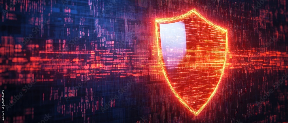 Poster digital shield representing cybersecurity protection and data defense concept
