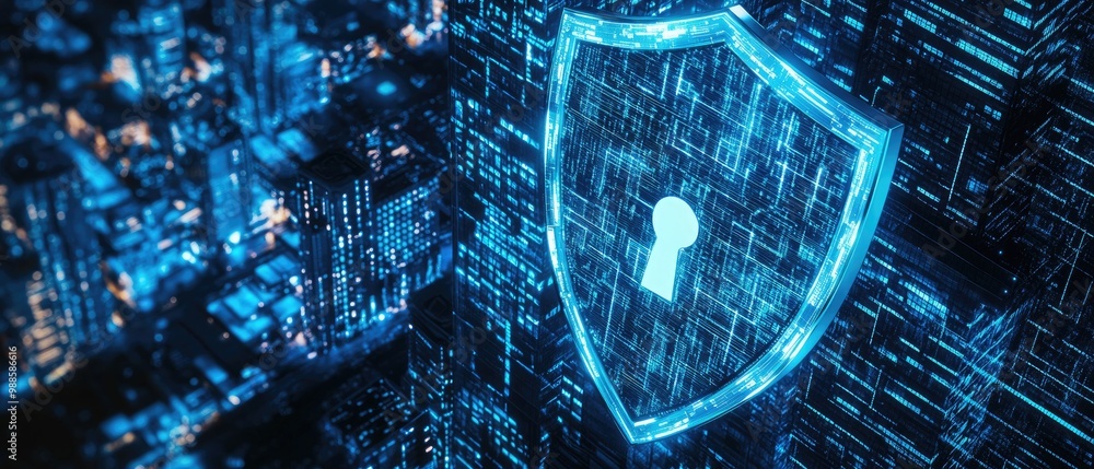 Poster digital shield representing cybersecurity protection and data defense concept
