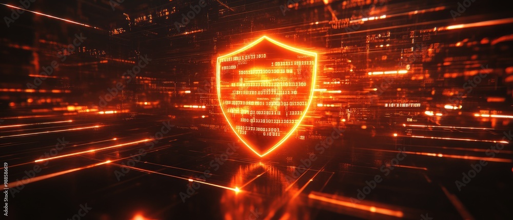 Poster digital shield representing cybersecurity protection and data defense concept