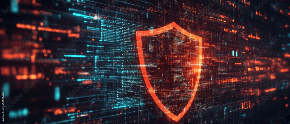 Poster digital shield representing cybersecurity protection and data defense concept