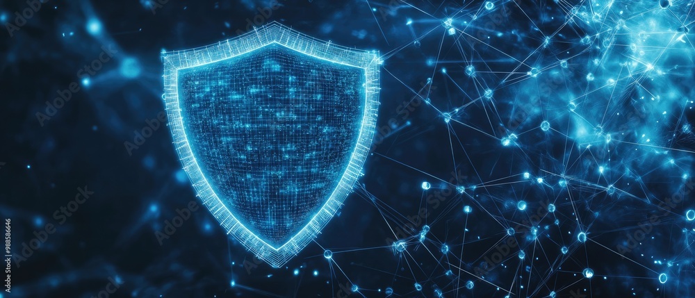 Poster digital shield representing cybersecurity protection and data defense concept