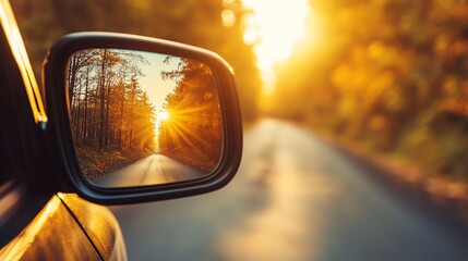 A car drives on a road at sunset.