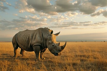 Obraz premium White rhinoceros is standing in tall grass with a beautiful sunset in the background