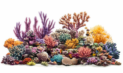 A vibrant coral reef with a variety of colorful corals and small fish isolated