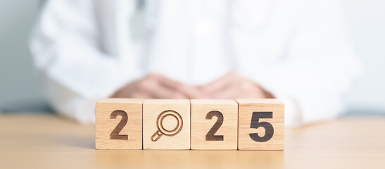 Happy New Year 2025 with Smile block against doctor. Health, Healthcare insurance, medical...