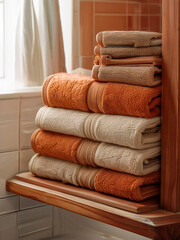 -Stack of folded towels in dark orange and beige tones lying on a wooden shelf in the bathroom.