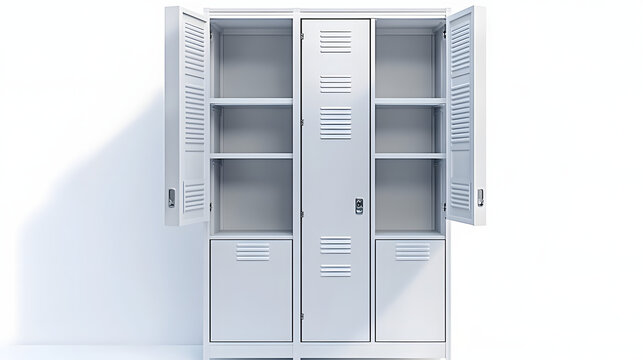 White metal locker with open doors. Two level compartment. 3d rendering illustration