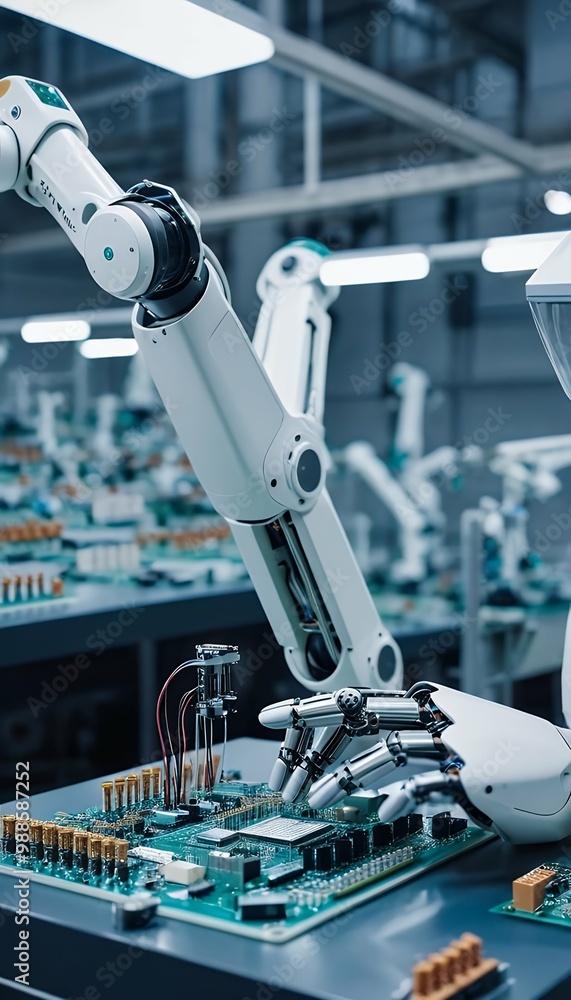Poster futuristic assembling robot electronic components tech arm factory high a technology robotic manufac