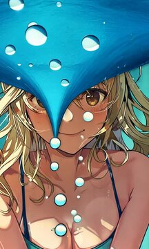 jeune fille plongeant la t&ecirc;te sous l'eau dans un style manga, effets visuels doux, des reflets lumineux et une ambiance aquatique immersive avec des bulles